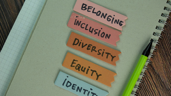 post-it tabs of varying colors with the words belonging, inclusion, diversity, equity, identity on a notebook